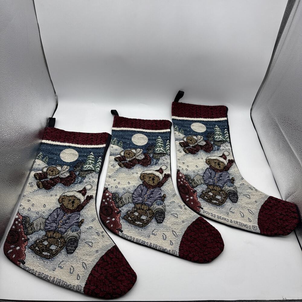 3 Boyds Bears "Enjoy The Ride" Aspen & Tahoe Tapestry Christmas Stockings